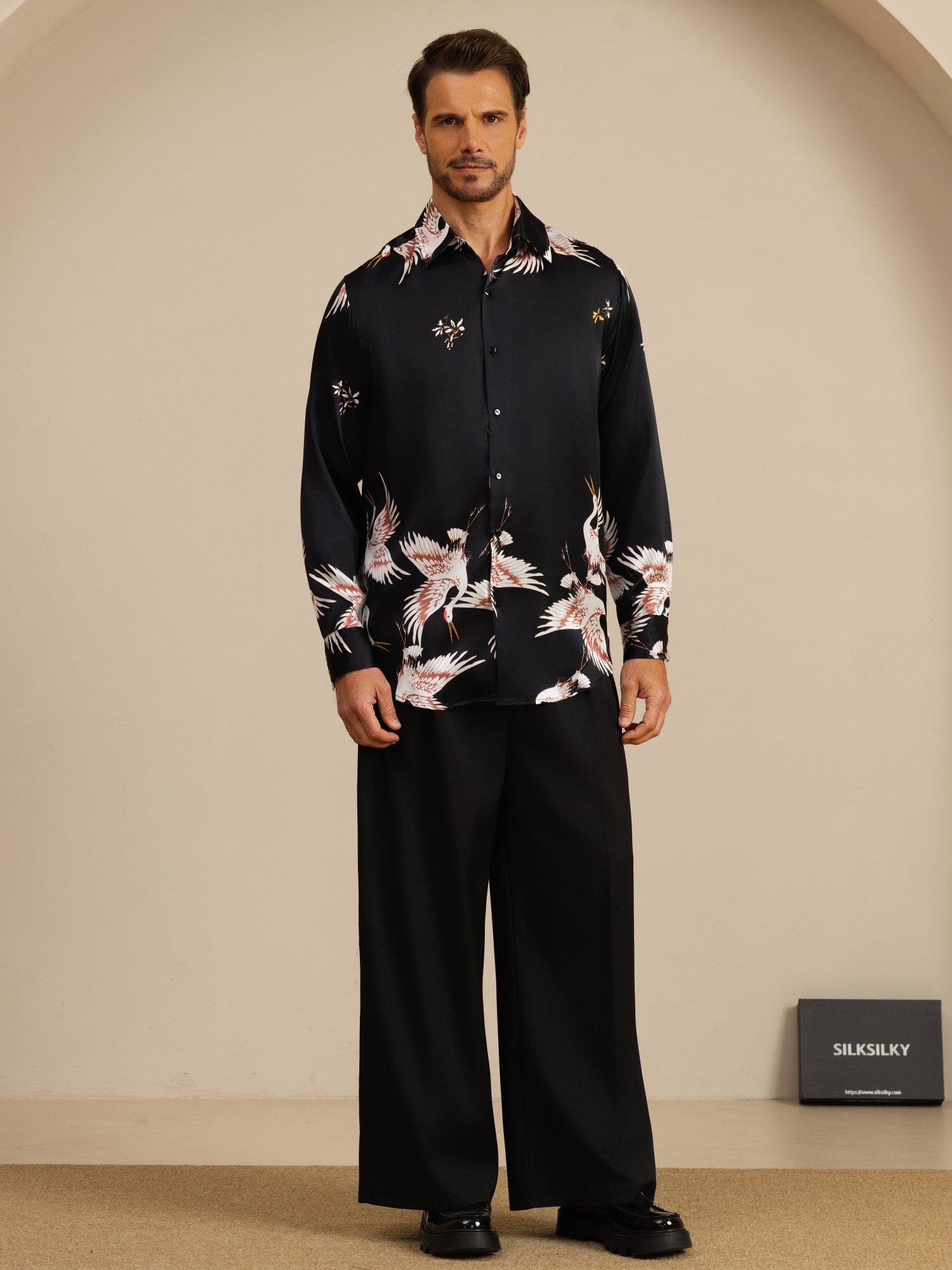 [Black] SilkSilky-UK 19Momme Long Sleeve Lapel Collar Men's Shirt 008