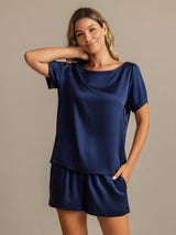 [Dark Blue] SilkSilky-UK 19Momme Machine-Washable Silk Short Sleeve Round Neck Women's Pyjamas 003