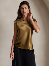 [Brown] SilkSilky-UK Cap Sleeve Round Neck Women's T-Shirt 001