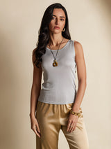 [Gray] SilkSilky-UK 100% Silk Jersey Sleeveless Round Neck Women's T-Shirt 003