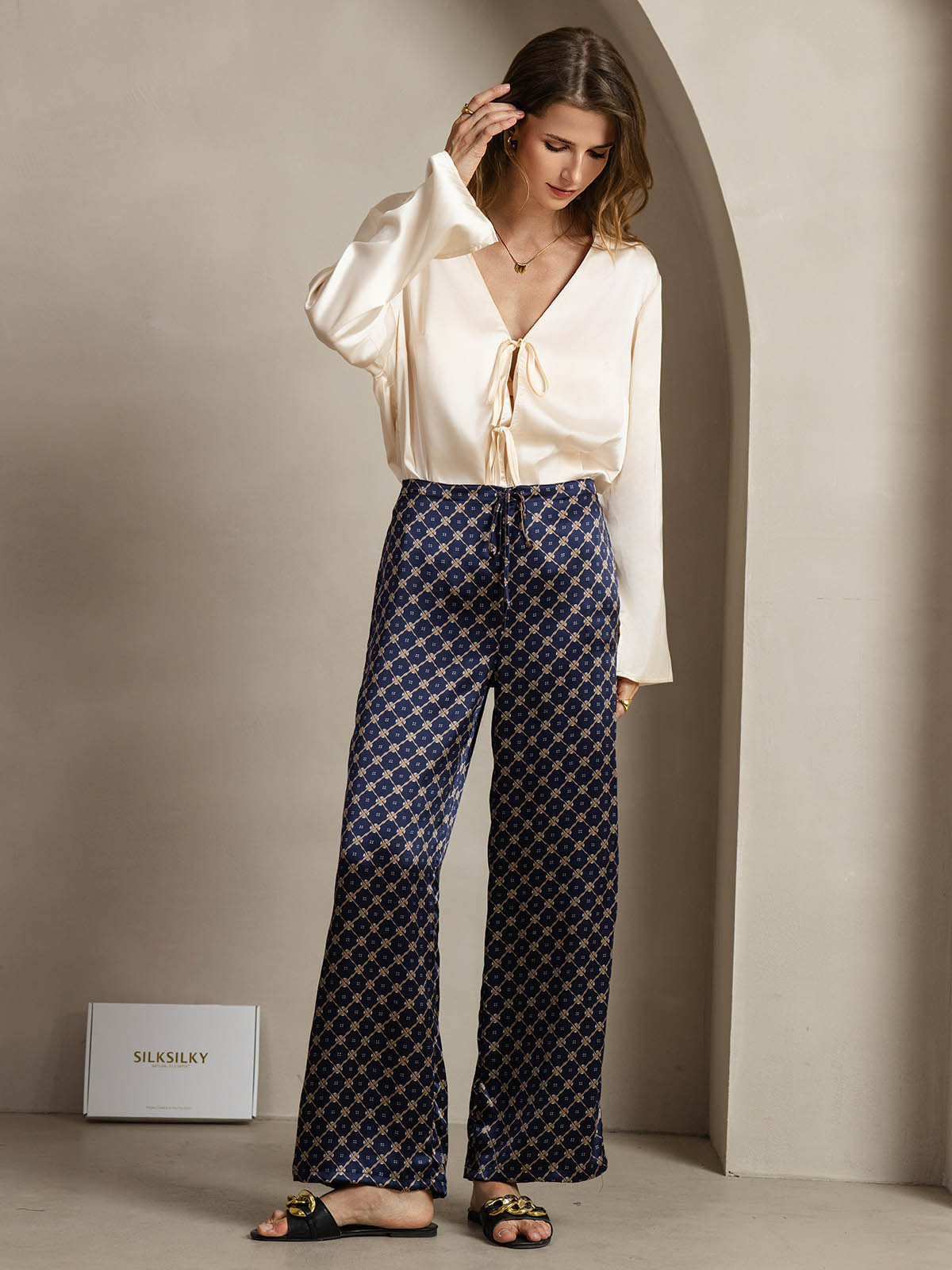 [Navy Chain] SilkSilky-UK 19Momme Silk Womens Pants 003