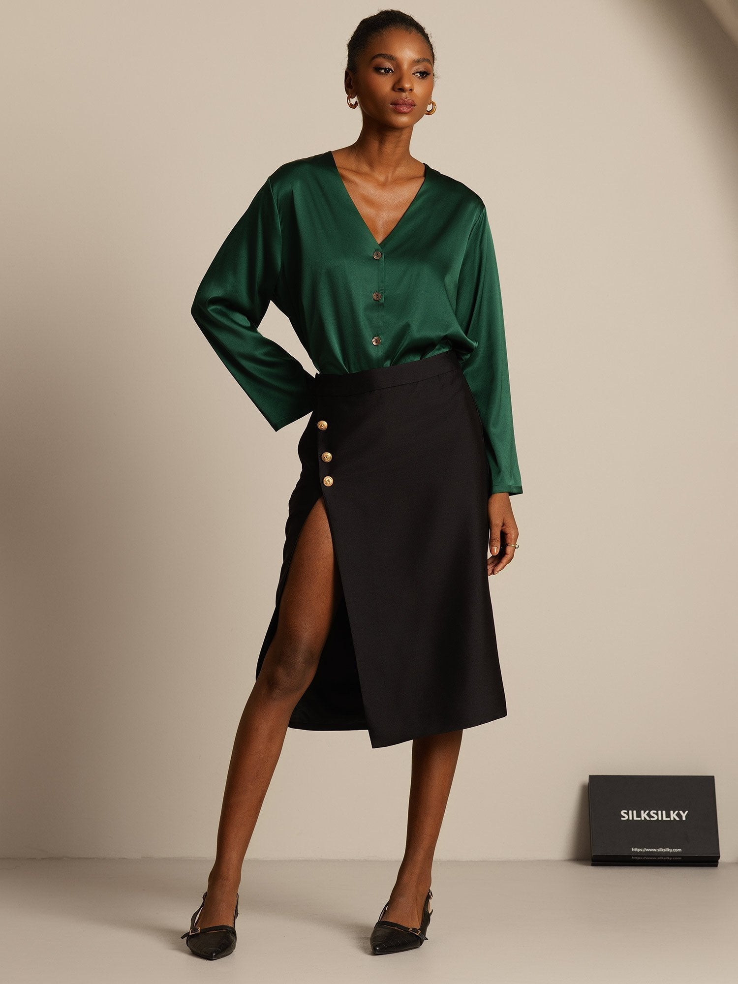 [Black] SilkSilky-UK 32Momme Silk-Wool Blend Split Skirt 006,