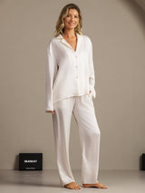 [White] SilkSilky-UK 19Momme Machine-Washable Silk Long Sleeve Notch Collar Women's Pyjamas 003