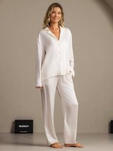 [White] SilkSilky-UK 19Momme Machine-Washable Silk Long Sleeve Notch Collar Women's Pyjamas 003