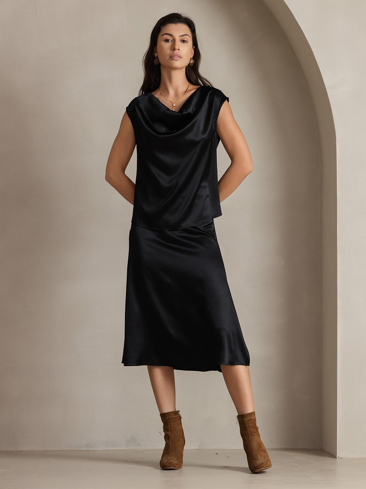 [Black] SilkSilky-UK 19Momme Silk Sleeveless Cowl Neck Women's T-Shirt 005