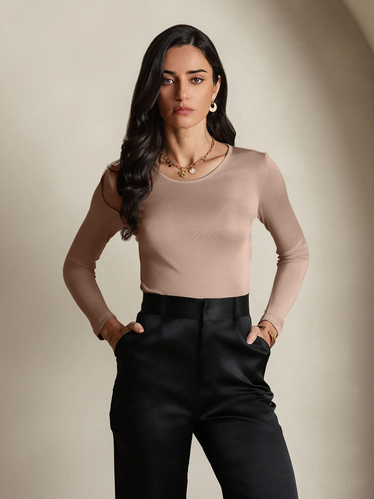[Coffee] SilkSilky-UK Silk Round Neck Women's T-Shirt 001