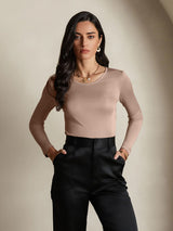 [Coffee] SilkSilky-UK Silk Jersey Long Sleeve Round Neck Women's T-Shirt 001