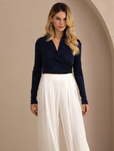 [Dark Blue] SilkSilky-UK Long Sleeve Wrap Women's Blouse 005