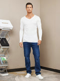 SilkSilky UK Silk Knitted Long Sleeve V Neck Men's T Shirt White 005