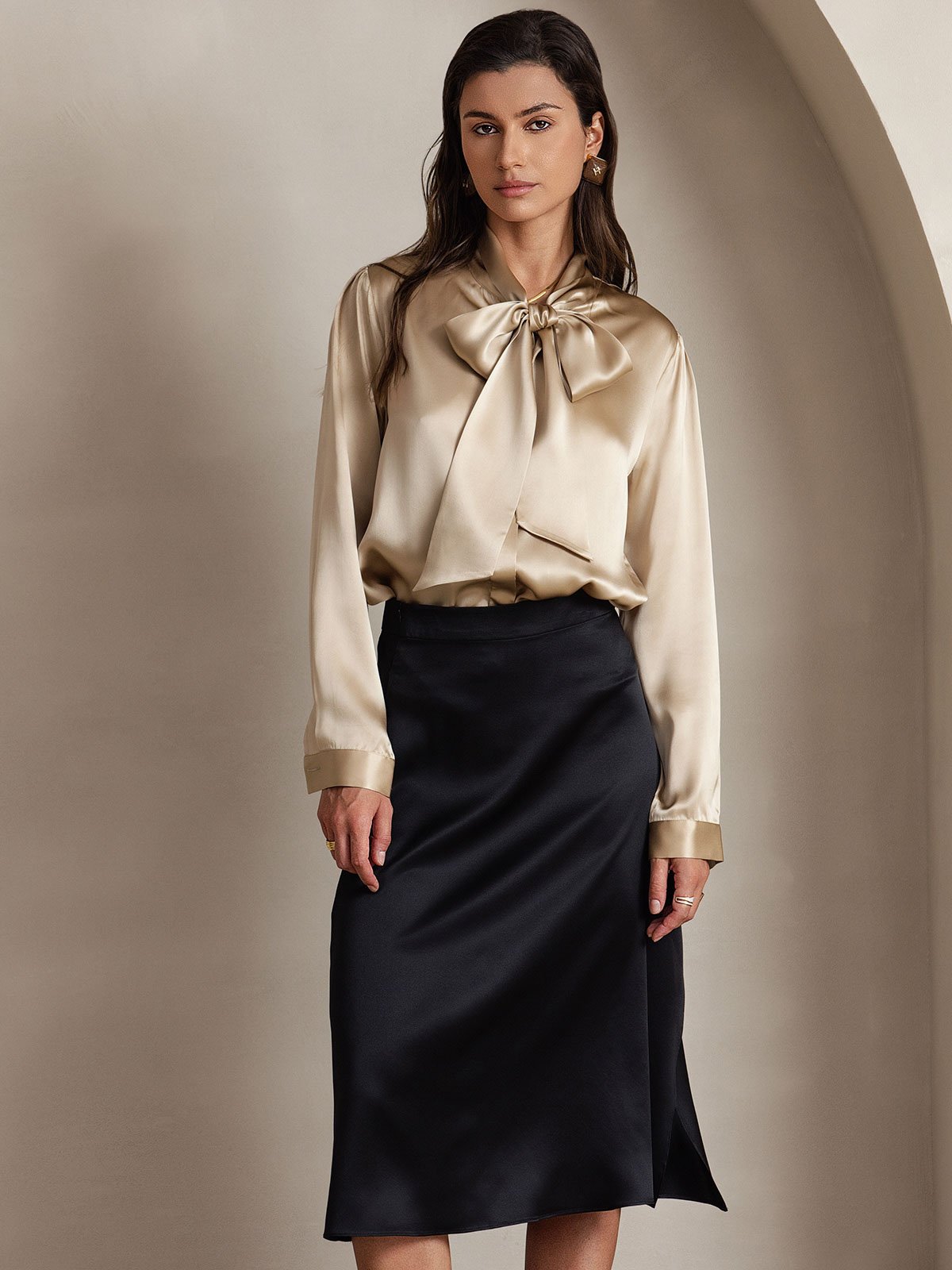 [Champagne] SilkSilky-UK 19Momme Silk Long Sleeve Tie Neck Women's Shirt 004