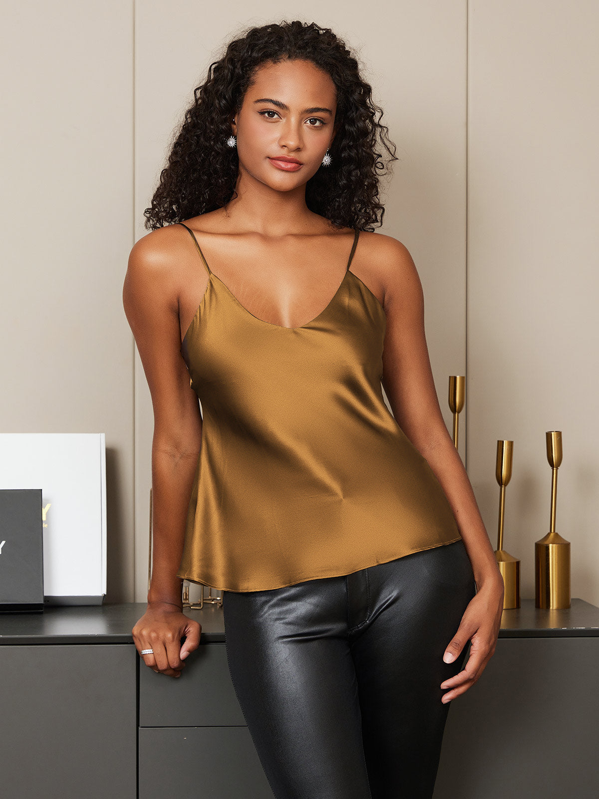 [Coffee] SilkSilky-UK Pure Silk V Neck Camisole 005