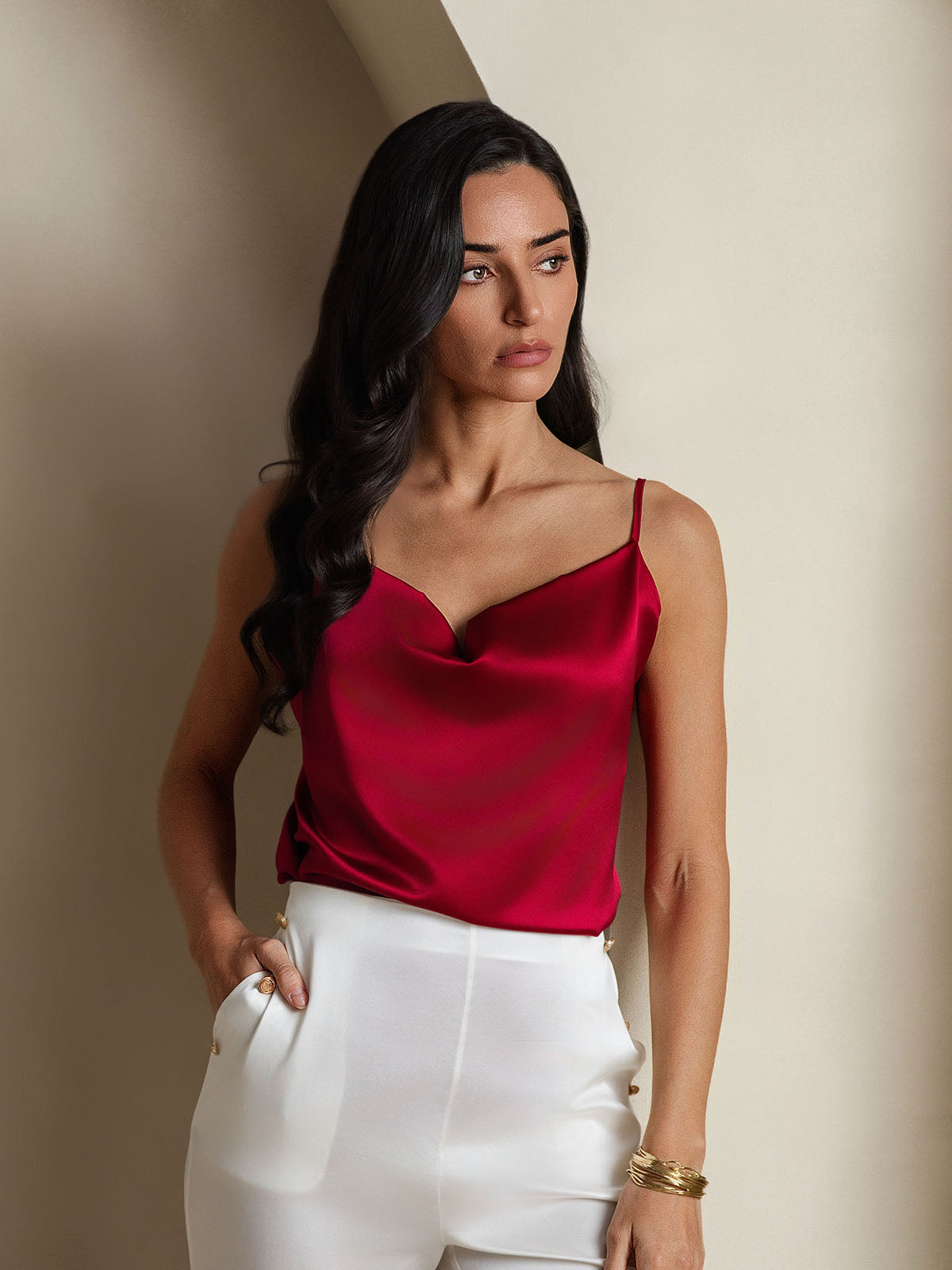 [Wine] SilkSilky-UK 19Momme Silk Spaghetti Strap Cowl Neck Camisole 003