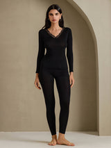 [Black] SilkSilky-UK Long Sleeve V Neck Women's Long Johns 001