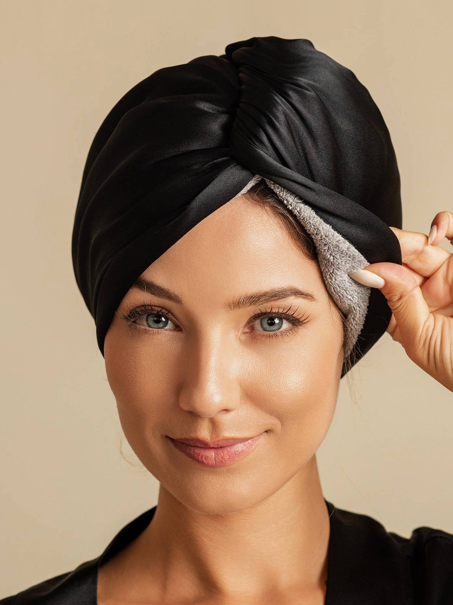 [Black] SilkSilky-UK Pure Silk Wrap Hair Towel Wrap 001,