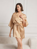 SilkSilky-UK Pure Silk 3/4 Sleeve V Neck Women's Dressing Gown Champagne 004