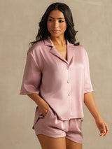 [Peach Skin] SilkSilky-UK 19Momme Machine-Washable Silk Half Sleeve Notch Collar Women's Pyjamas 005