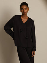 [Black] SilkSilky-UK Long Sleeve V Neck Women's Blouse 003