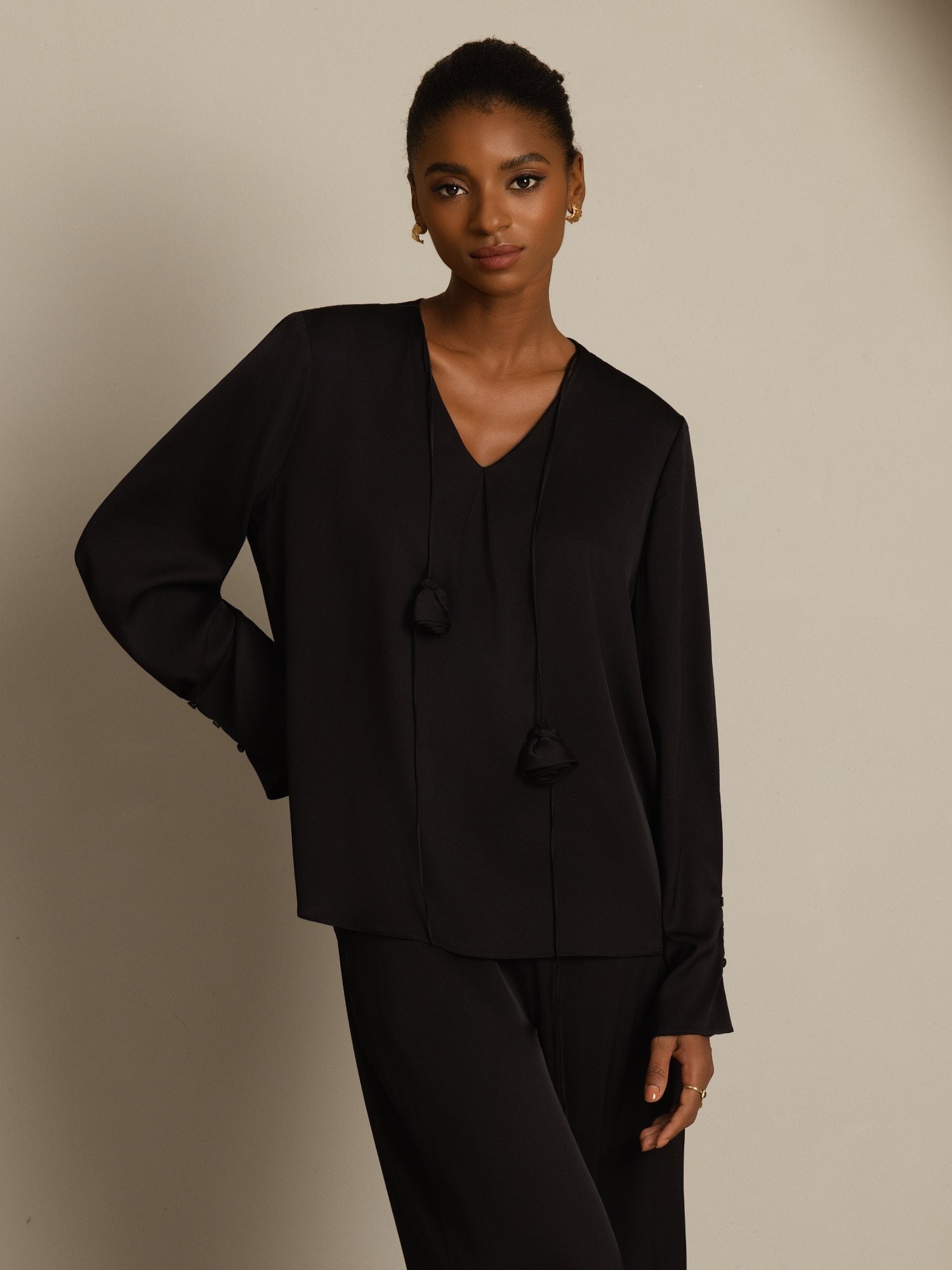 [Black] SilkSilky-UK 19Momme Stretch Silk Double Georgette Long Sleeve V Neck Blouse 003