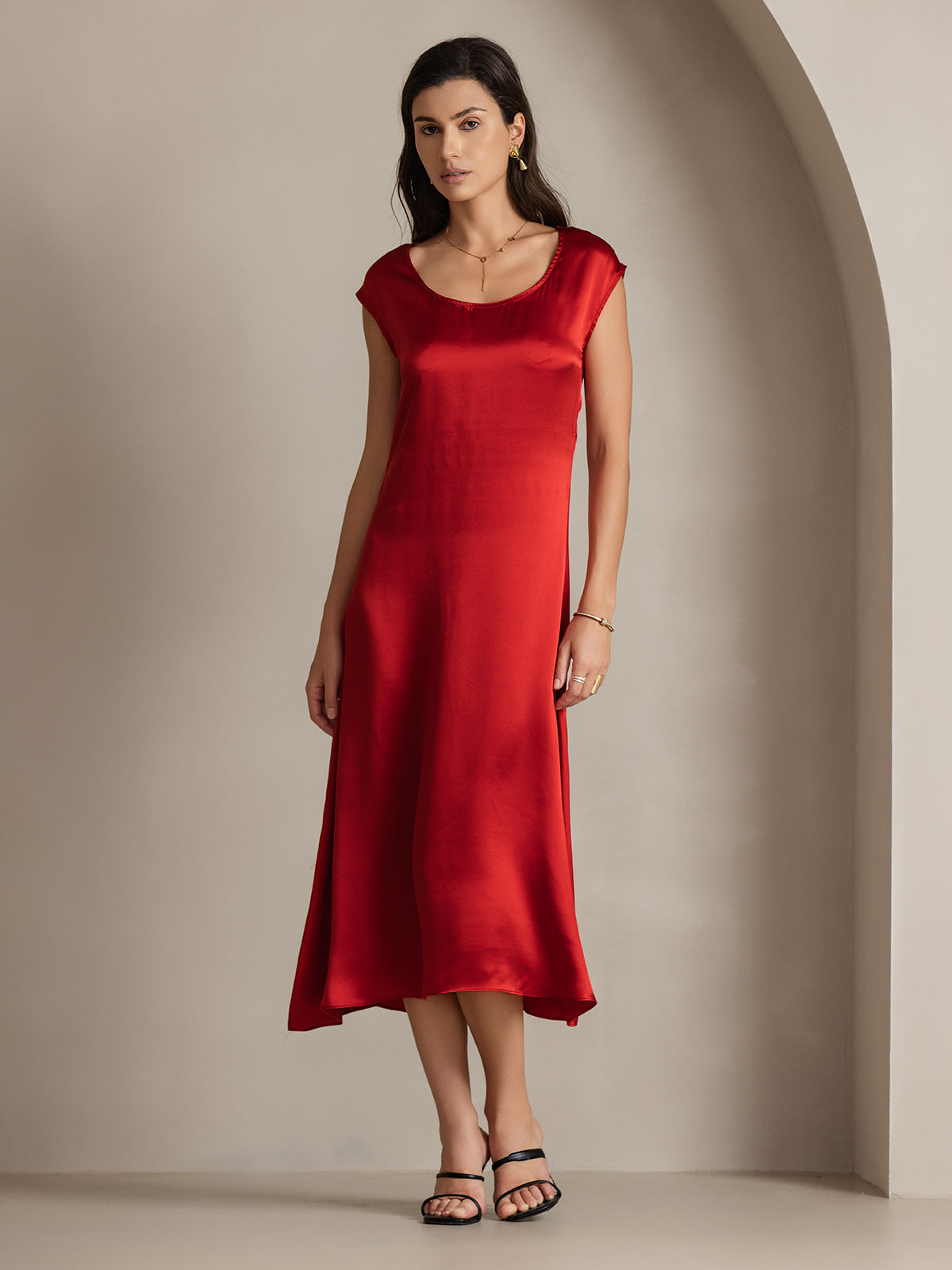 [Wine] SilkSilky-UK 19Momme Silk Round Neck Dress 001