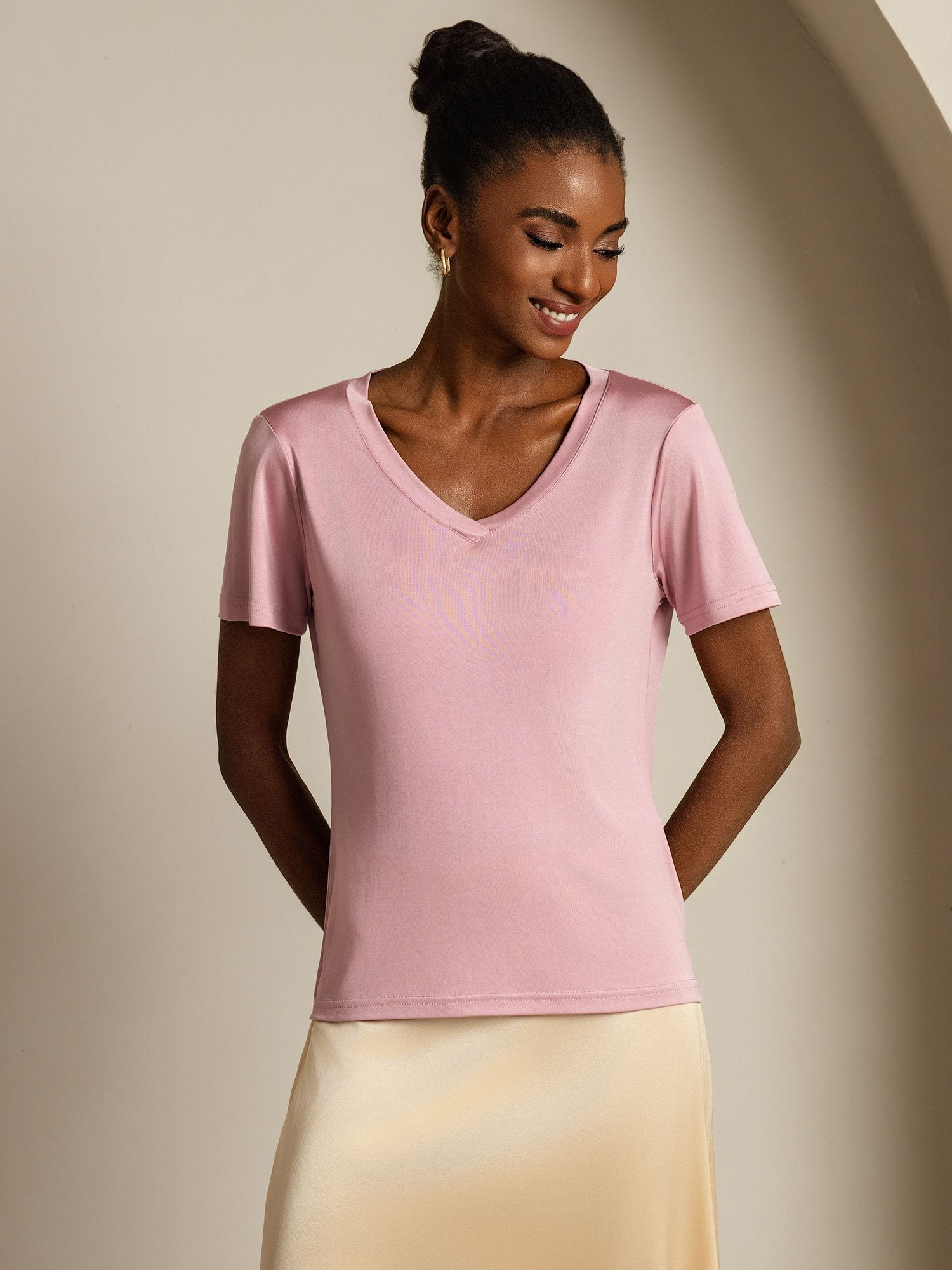 [PaleMauve] SilkSilky-UK Pure Silk V Neck Women's T-Shirt 003