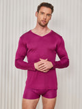 SilkSilky UK Silk Knitted Long Sleeve V Neck Men's T Shirt DarkRed 001