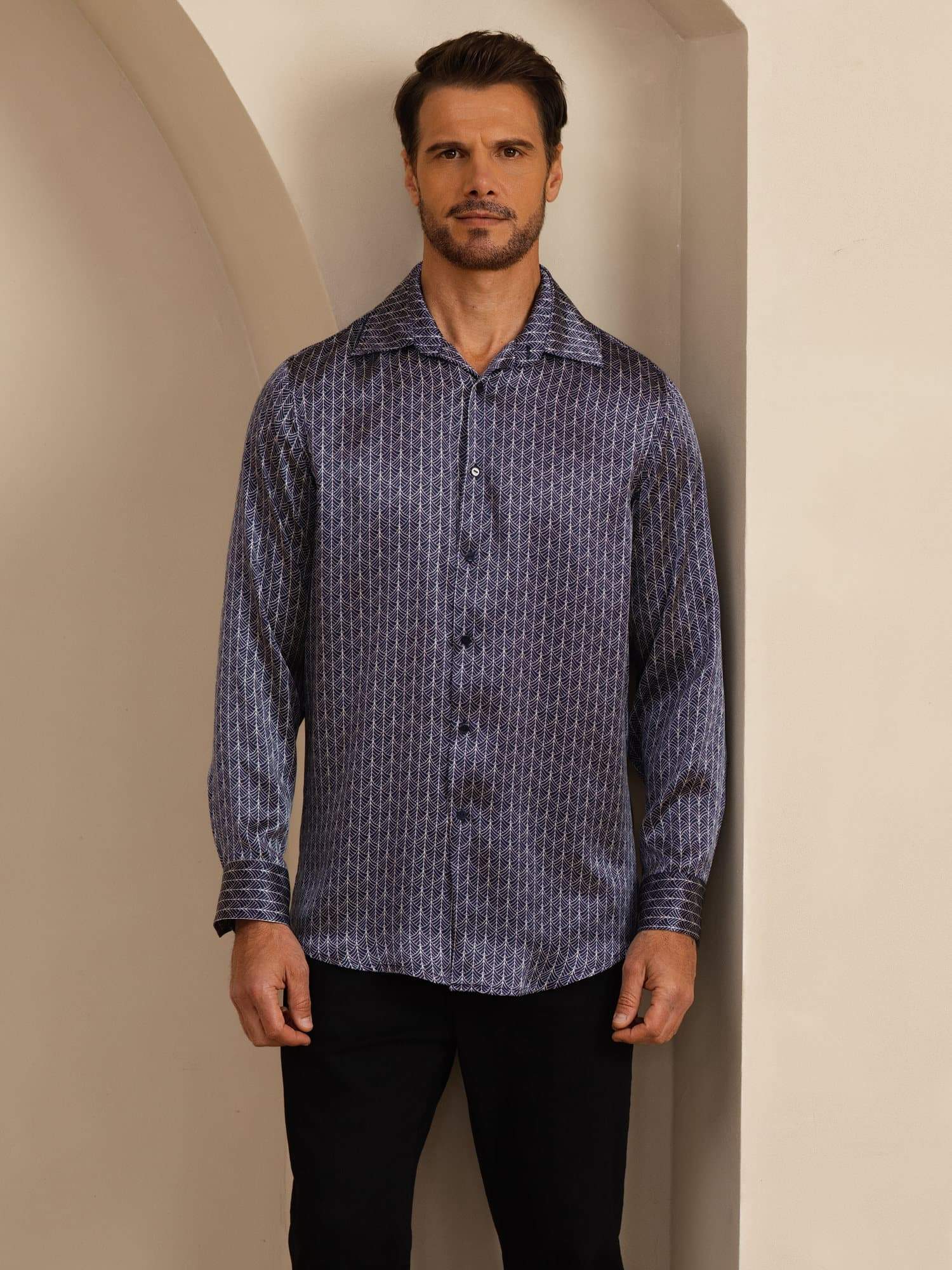 [Navy Ginkgo] SilkSilky-UK Long Sleeve Lapel Collar Men's Shirt 004