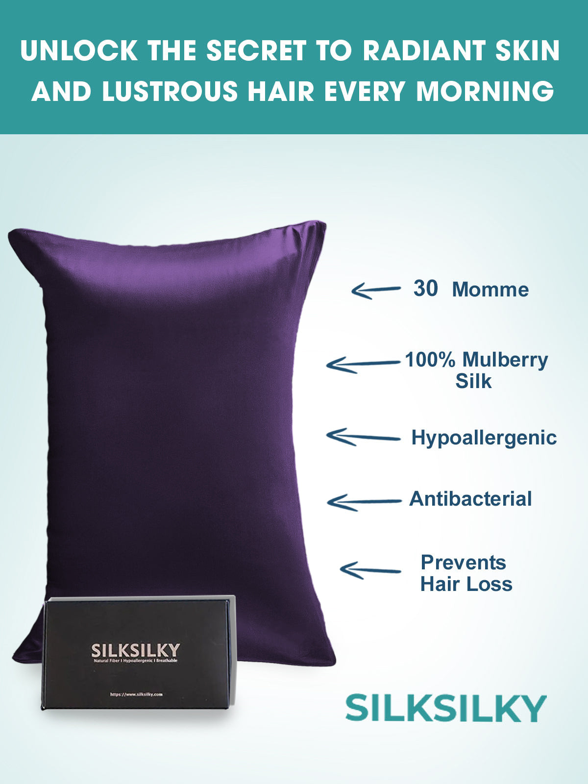 SilkSilky UK 30Momme Pure Silk Pillowcase DeepPurple 002