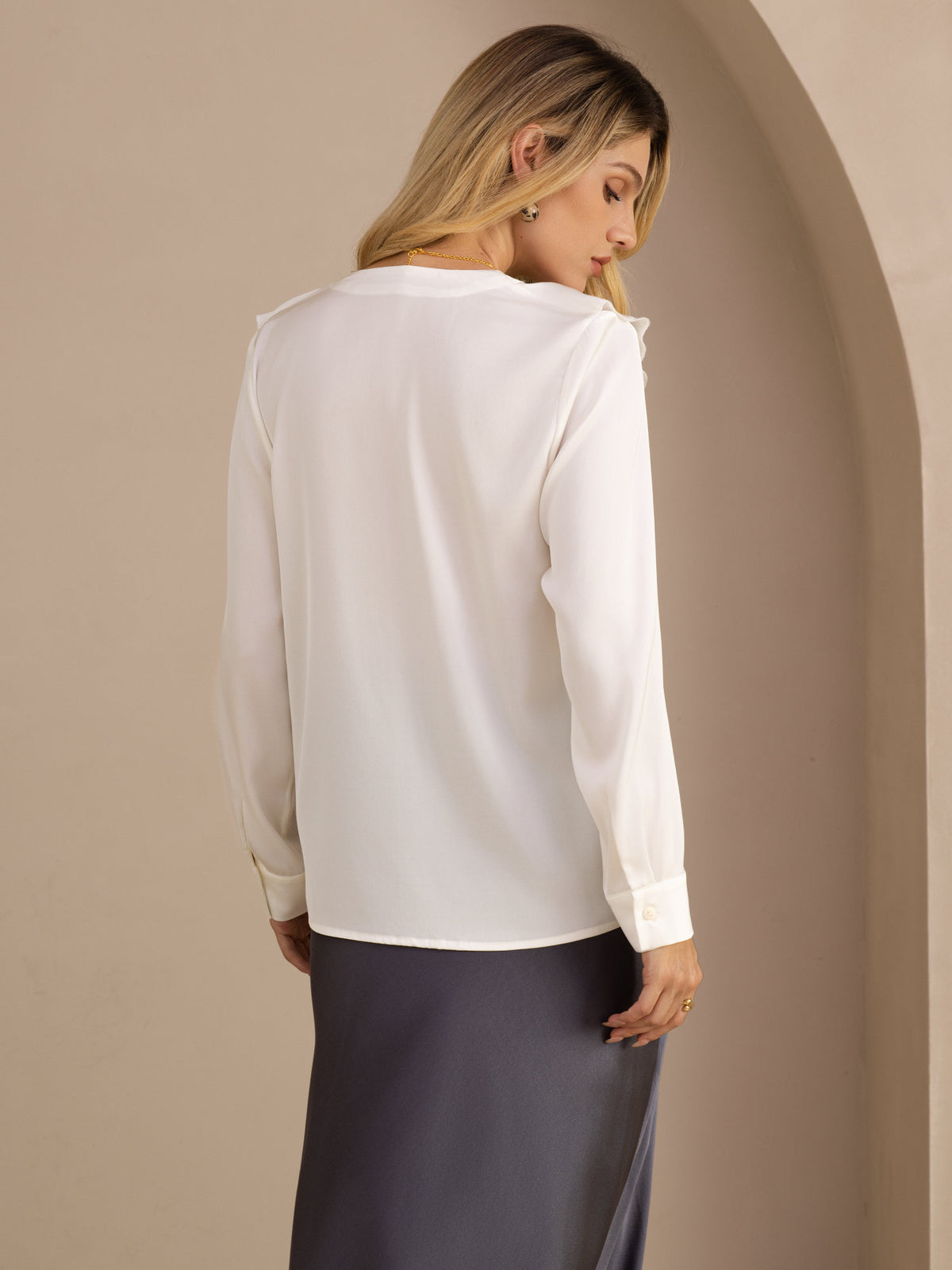 [White] SilkSilky-UK Long Sleeve Deep V Neck Women's Blouse 002