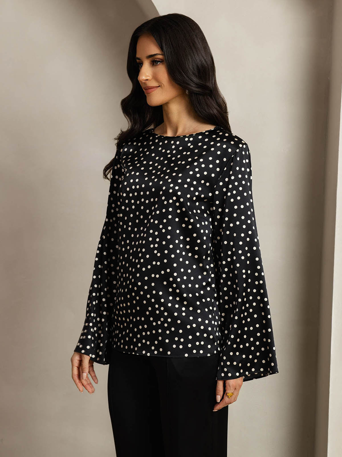 [Polka Dot] SilkSilky-UK 19Momme Silk Round Neck Women's T-Shirt 004