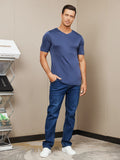 SilkSilky-UK Silk Knitted Short Sleeve V Neck Men's T-Shirt DarkBlue 006