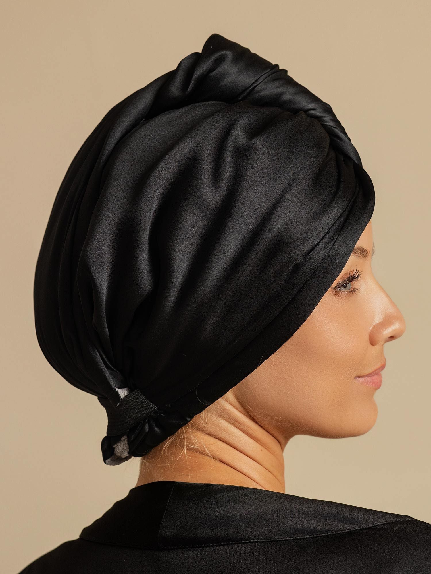 [Black] SilkSilky-UK Pure Silk Wrap Hair Towel Wrap 002,