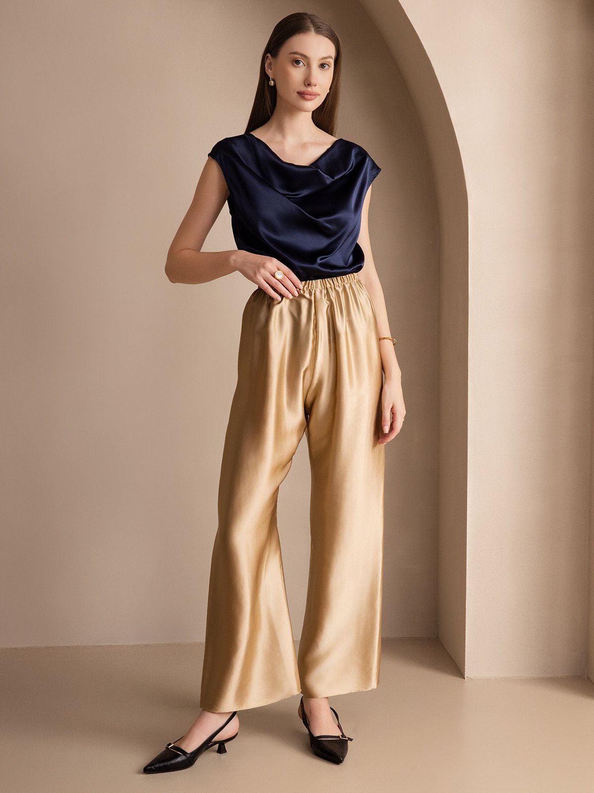 [Dark Blue] SilkSilky-UK 19Momme Silk Cap Sleeve Cowl Neck Women's T-Shirt 006