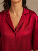 [Wine] SilkSilky-UK 19Momme Machine-Washable Silk Half Sleeve Notch Collar Women's Pyjamas 004