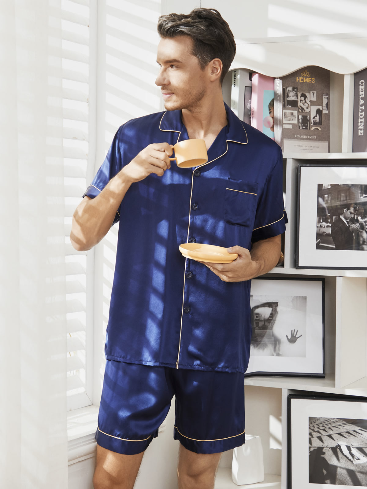 SilkSilky UK Pure Silk Short Sleeve Mens Pajamas DarkBlue 001