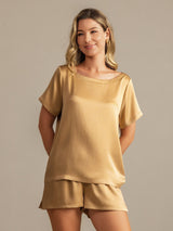 [Tan] SilkSilky-UK 19Momme Machine-Washable Silk Short Sleeve Round Neck Women's Pyjamas 007