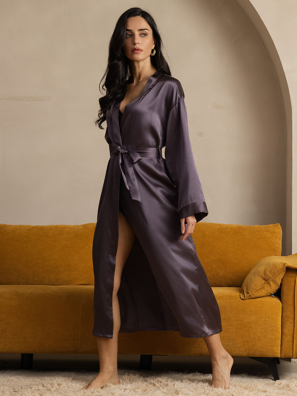 SilkSilky-UK Pure Silk Long Sleeve Womens Robe PurpleGray 004