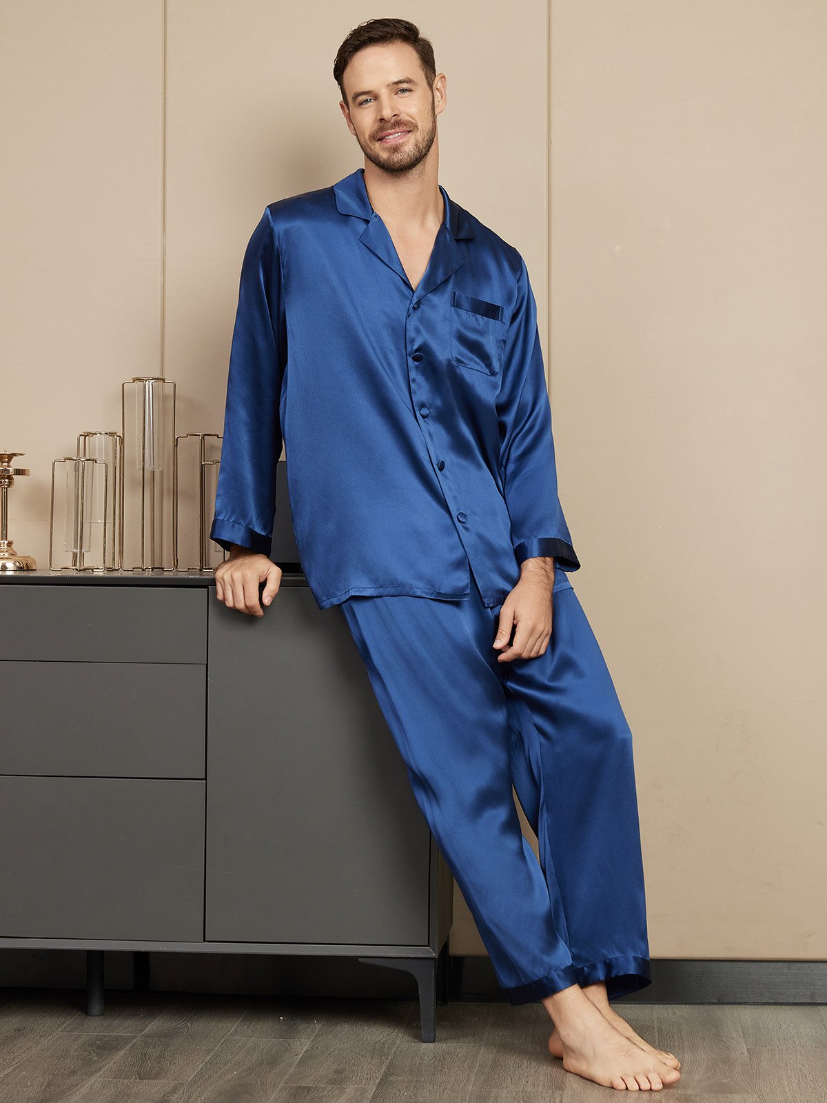 [Dark Blue] SilkSilky-UK Pure Silk Mens Pajamas 004