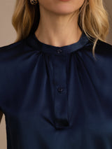 [Dark Blue] SilkSilky-UK Short Sleeve Split Women's Blouse 005
