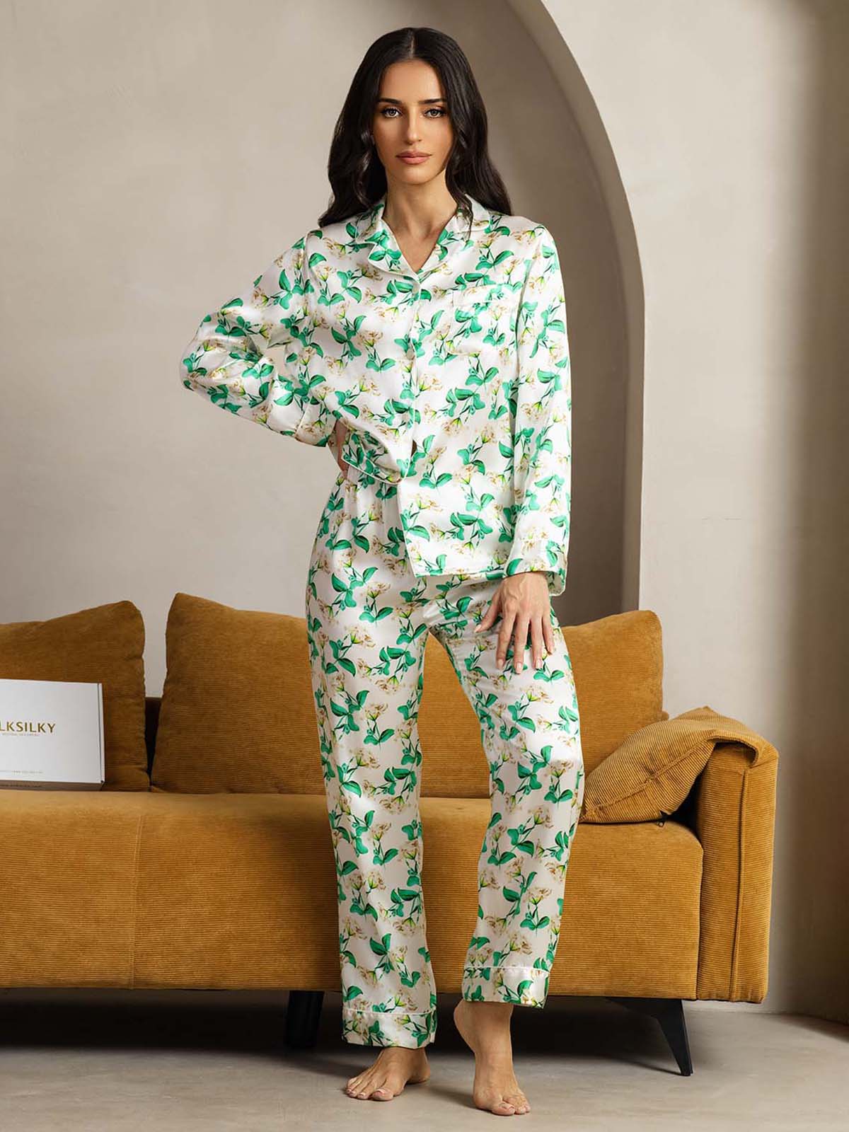 [Green Floral] SilkSilky-UK Pure Silk Womens Pajamas 001