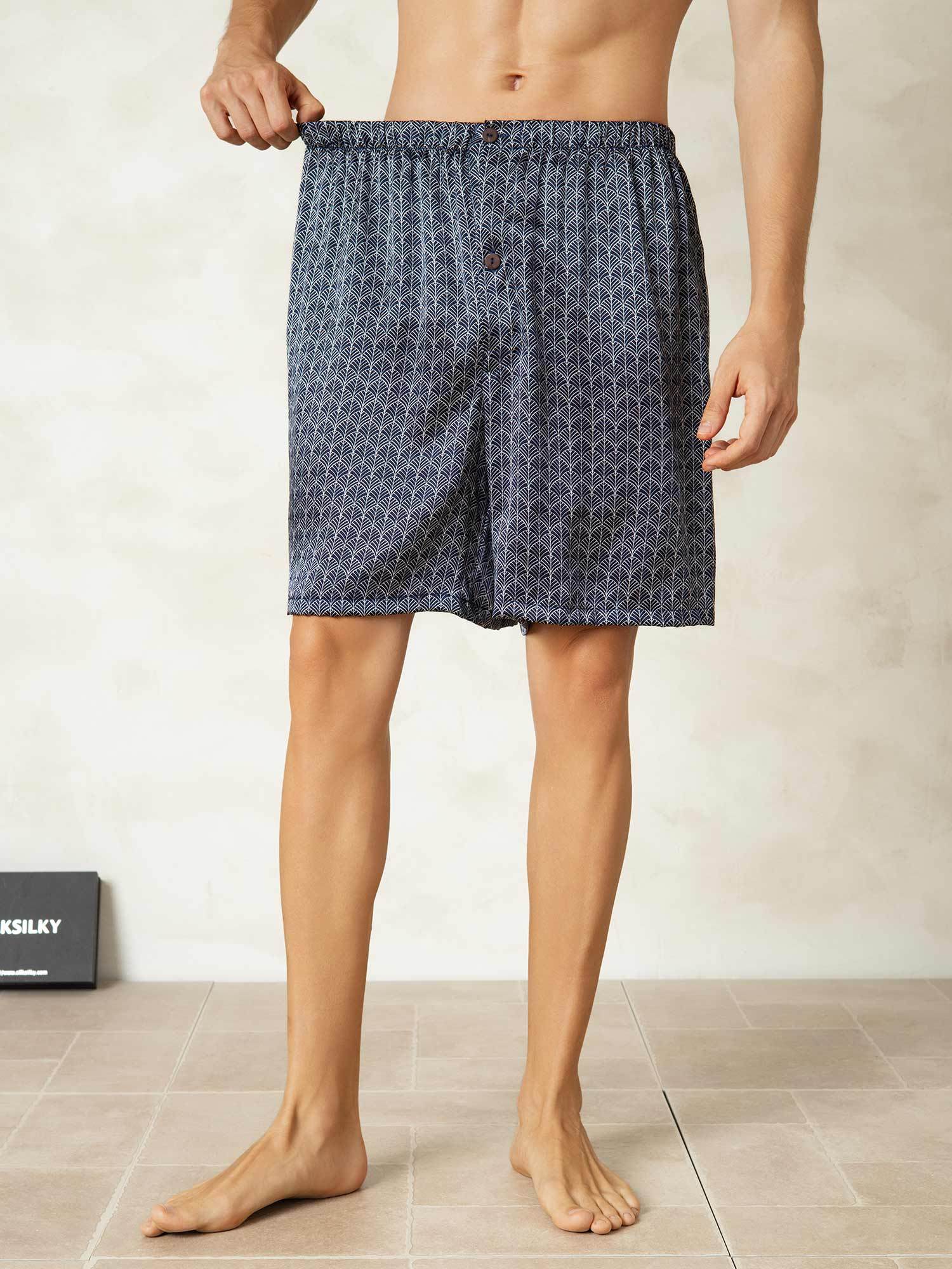 [Navy Ginkgo] SilkSilky-UK Pure Silk Mens Sleep Bottoms 005,