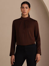 [Tan] SilkSilky-UK Long Sleeve Stand Collar Women's Blouse 004