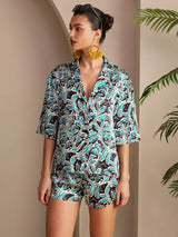 [Teal Botanical] SilkSilky-UK Short Sleeve Notch Collar Women's Pyjamas 003