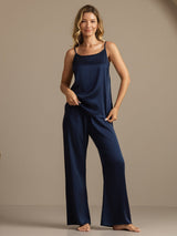 [Dark Blue] SilkSilky-UK 19Momme Machine-Washable Silk Spaghetti Strap Scoop Neck Camisole Set 004