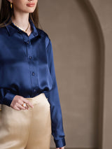 [Dark Blue] SilkSilky-UK Long Sleeve Lapel Collar Women's Shirt 006