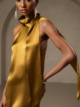 [Brown] SilkSilky-UK Sleeveless Tie Neck Dress 003