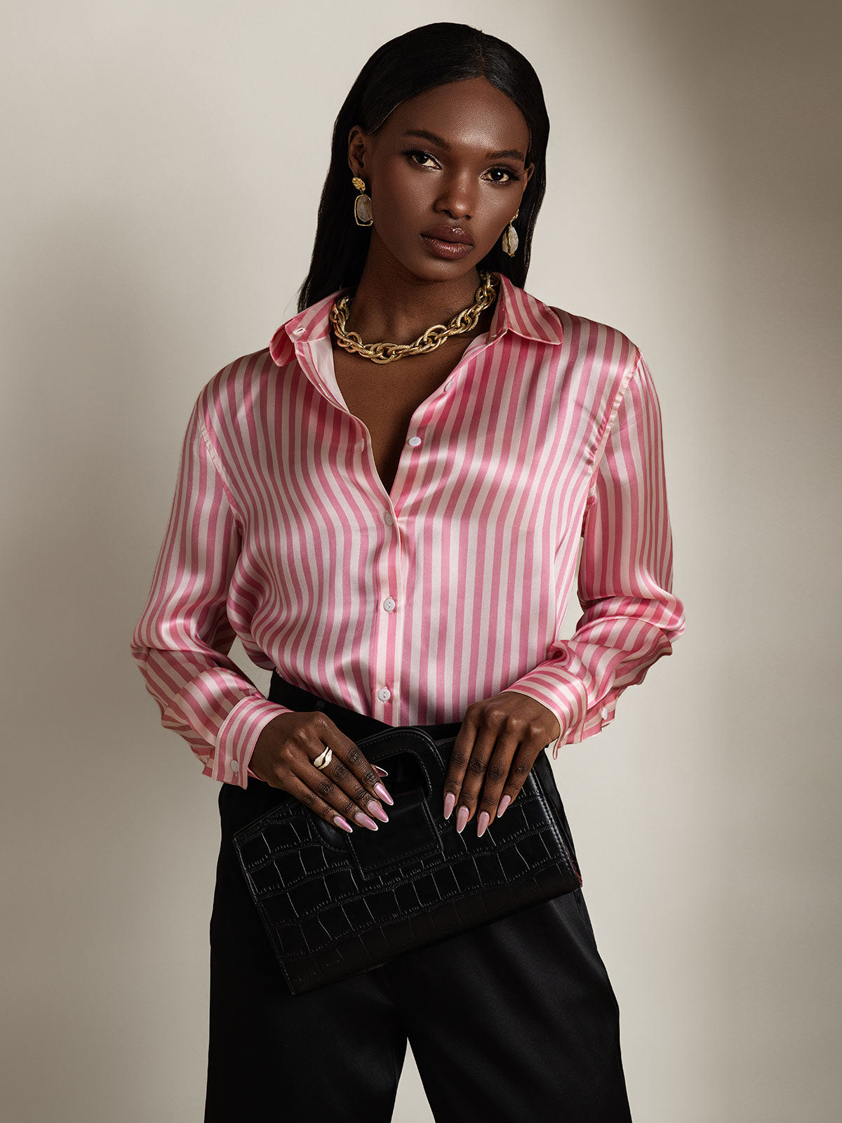 [Pink Stripe] SilkSilky-UK Silk Long Sleeve Collar Women's Shirt 009