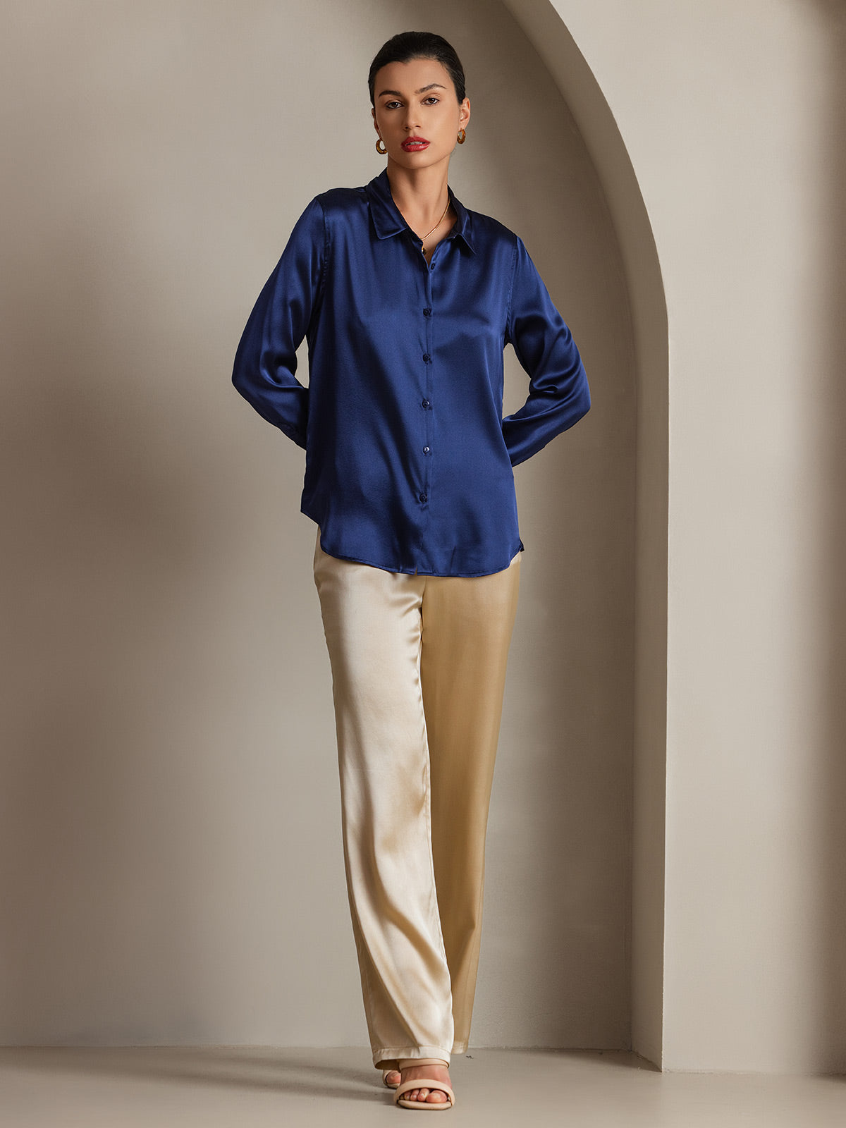 [Dark Blue] SilkSilky-UK Silk Long Sleeve Collar Women's Shirt 004