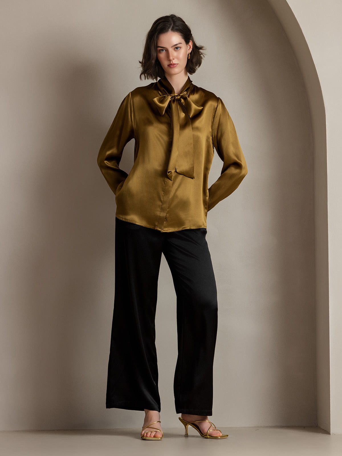 [Brown] SilkSilky-UK 19Momme Silk Long Sleeve Tie Neck Women's Shirt 005