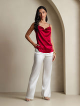 [Wine] SilkSilky-UK 19Momme Stretch Silk Charmeuse Spaghetti Strap Cowl Neck Camisole 008