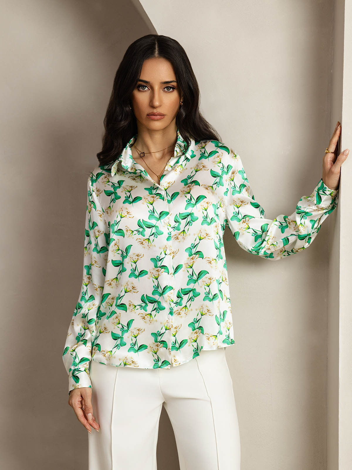 [Green Floral] SilkSilky-UK Silk Long Sleeve Collar Women's Shirt 001